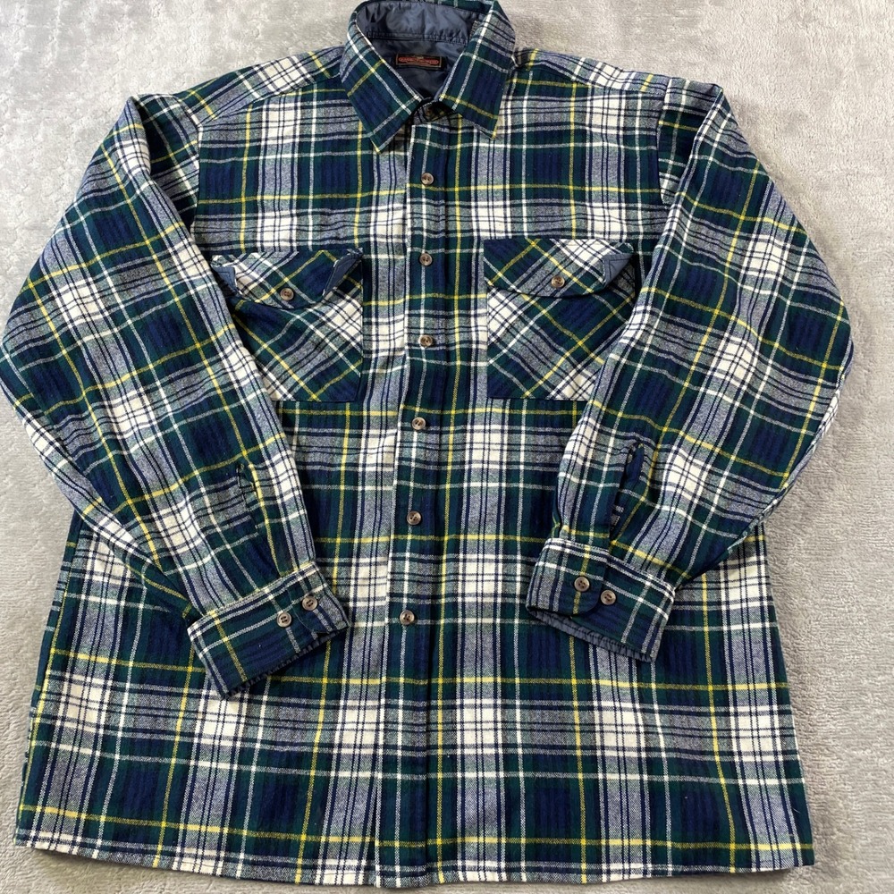 Vintage Backpacker Flannel Shirt Jacket Men Large Blue Plaid Flap Pocket Outdoor